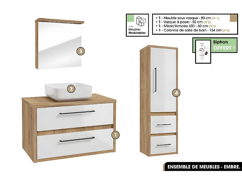 Ensemble complet - de salle de bain - Meuble - Miroir/Armoire - Colonne - Vasque avec Siphon OFFERT | EMBRE | Blanc | 80 x 50 x 45 cm