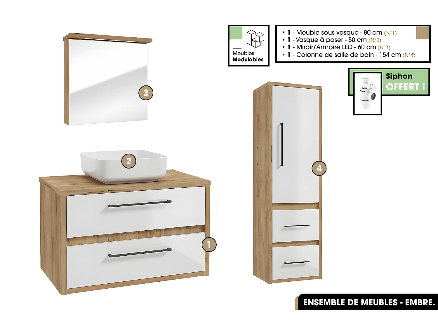 Ensemble complet - de salle de bain - Meuble - Miroir/Armoire - Colonne - Vasque avec Siphon OFFERT | EMBRE | Blanc | 80 x 50 x 45 cm