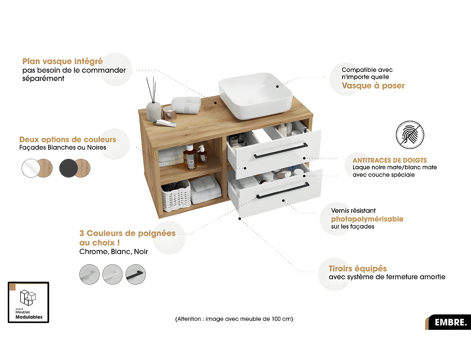Ensemble complet - de salle de bain - Meuble - Miroir/Armoire - Colonne - Vasque avec Siphon OFFERT | EMBRE | Blanc | 80 x 50 x 45 cm