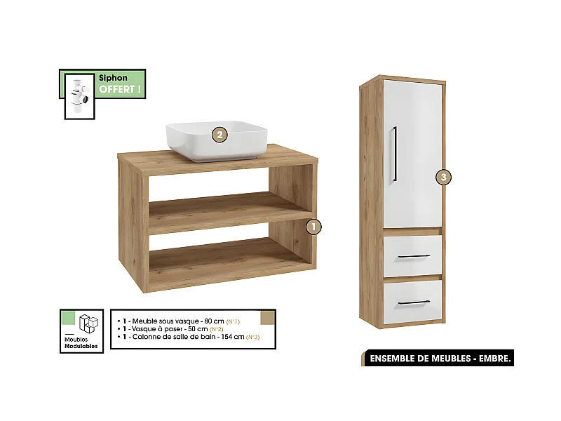 Ensemble complet - de salle de bain - Meuble - Colonne - Vasque avec Siphon OFFERT | EMBRE | OAK | 80 x 50 x 45 cm