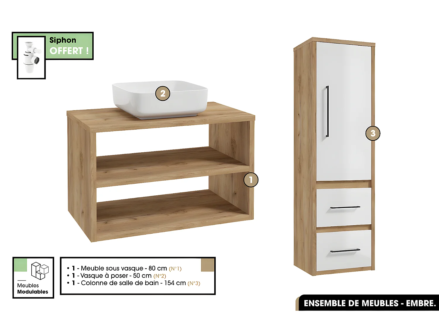 Ensemble complet - de salle de bain - Meuble - Colonne - Vasque avec Siphon OFFERT | EMBRE | OAK | 80 x 50 x 45 cm