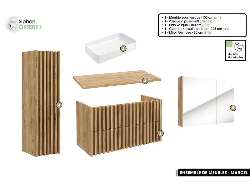 Ensemble complet de salle de bain - Meuble - Colonne - Miroir - Vasque à poser avec Siphon OFFERT | MARCO | Oak | 100 x 56 x 45 cm