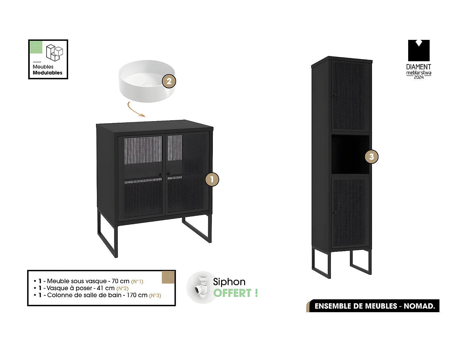 Ensemble complet de salle de bain - Meuble - Colonne - Vasque avec Siphon OFFERT | NOMAD | NOIR | 70 x 80 x 43 cm