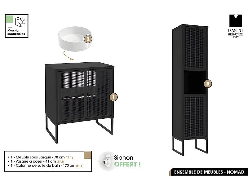 Ensemble complet de salle de bain - Meuble - Colonne - Vasque avec Siphon OFFERT | NOMAD | NOIR | 70 x 80 x 43 cm