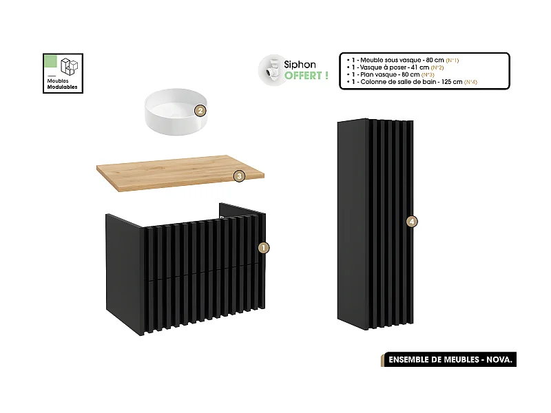 Ensemble complet de salle de bain - Meuble - Colonne - Vasque à poser avec Siphon OFFERT | NOVA | Oak | 80 x 56 x 45 cm