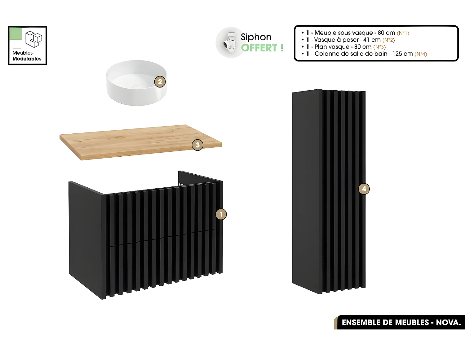 Ensemble complet de salle de bain - Meuble - Colonne - Vasque à poser avec Siphon OFFERT | NOVA | Oak | 80 x 56 x 45 cm