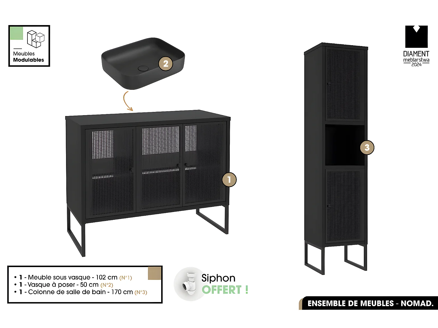 Ensemble complet de salle de bain - Meuble - Colonne - Vasque avec Siphon OFFERT | NOMAD | NOIR | 102 x 80 x 43 cm