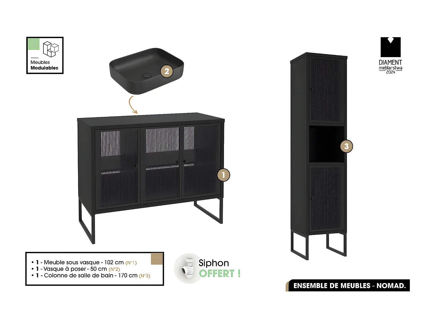 Ensemble complet de salle de bain - Meuble - Colonne - Vasque avec Siphon OFFERT | NOMAD | NOIR | 102 x 80 x 43 cm