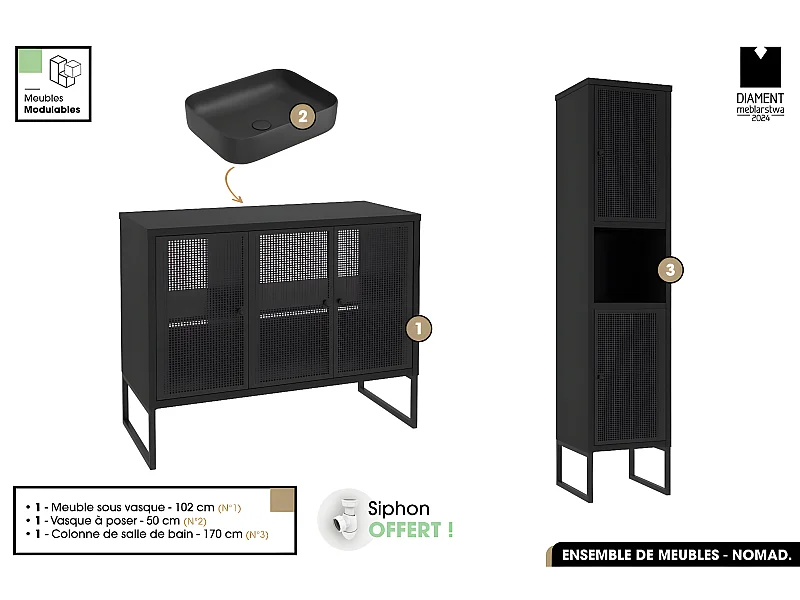 Ensemble complet de salle de bain - Meuble - Colonne - Vasque avec Siphon OFFERT | NOMAD | NOIR | 102 x 80 x 43 cm