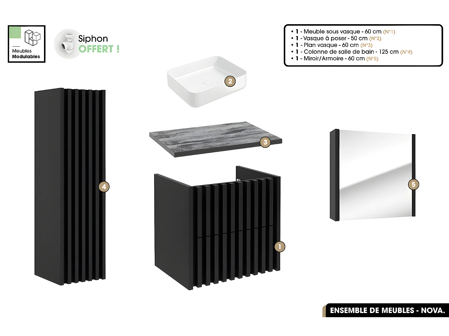 Ensemble complet de salle de bain - Meuble - Colonne - Miroir - Vasque à poser avec Siphon OFFERT | NOVA | Noir | 60 x 56 x 45 cm