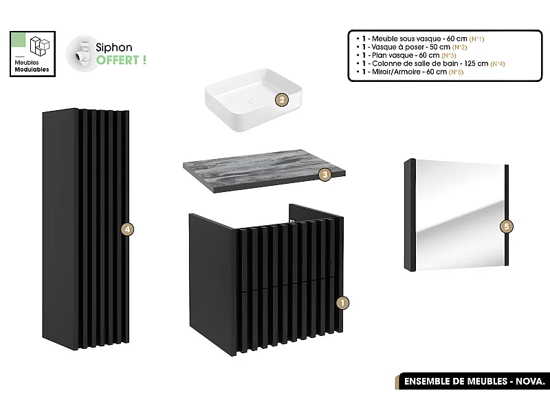 Ensemble complet de salle de bain - Meuble - Colonne - Miroir - Vasque à poser avec Siphon OFFERT | NOVA | Noir | 60 x 56 x 45 cm