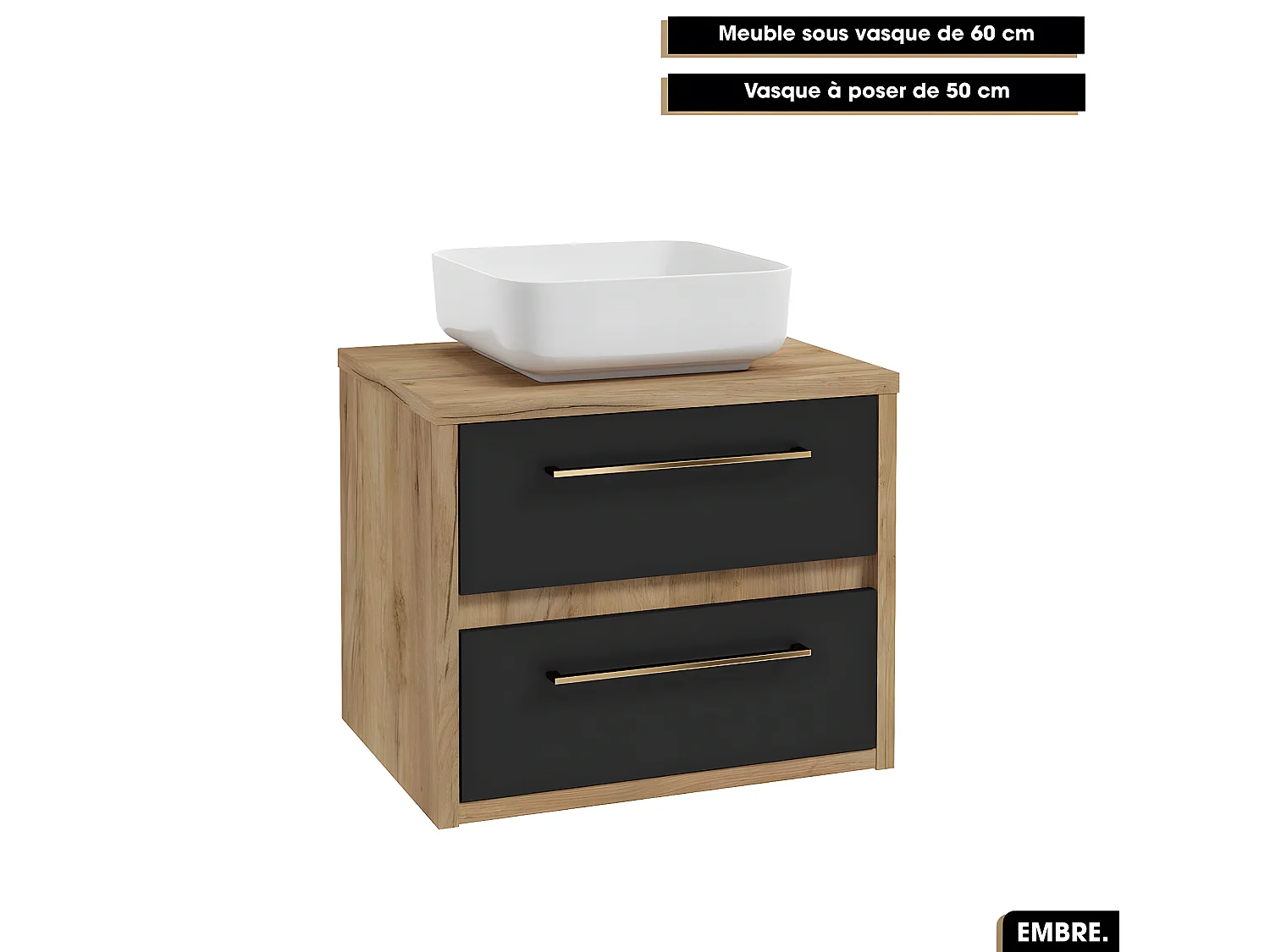 Ensemble complet - de salle de bain - Meuble - Colonne - Vasque avec Siphon OFFERT | EMBRE | Noir | 60 x 50 x 45 cm