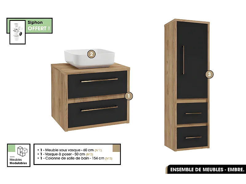 Ensemble complet - de salle de bain - Meuble - Colonne - Vasque avec Siphon OFFERT | EMBRE | Noir | 60 x 50 x 45 cm