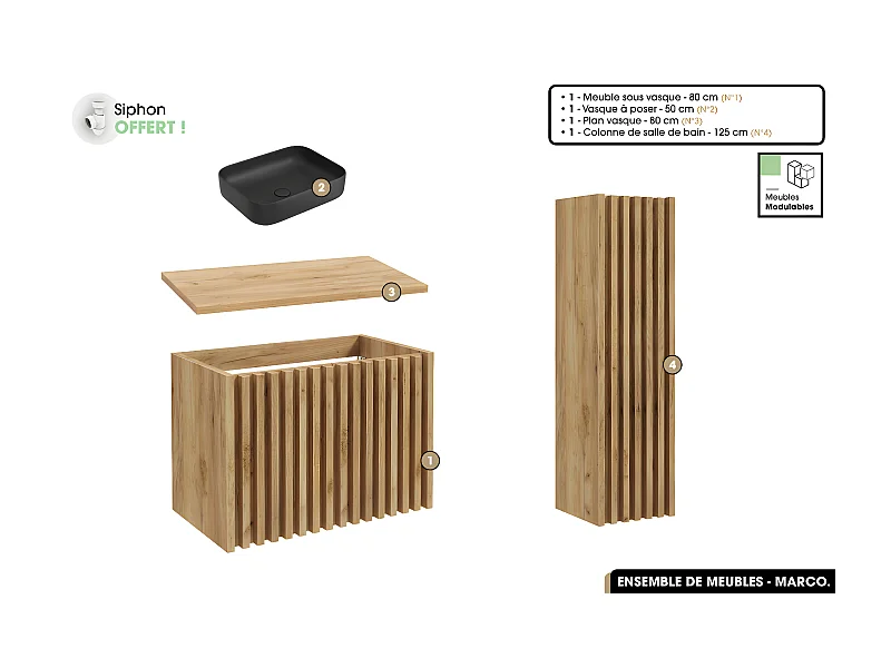 Ensemble complet de salle de bain - Meuble - Colonne - Vasque à poser avec Siphon OFFERT | MARCO | Oak | 80 x 56 x 45 cm