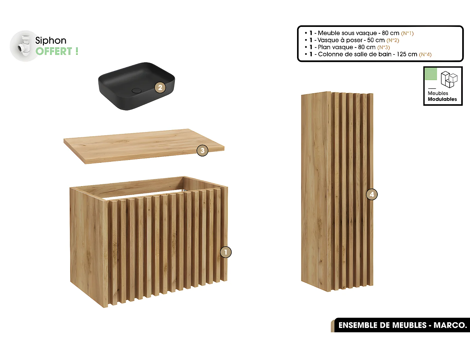 Ensemble complet de salle de bain - Meuble - Colonne - Vasque à poser avec Siphon OFFERT | MARCO | Oak | 80 x 56 x 45 cm