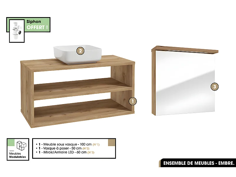 Ensemble complet - de salle de bain - Meuble - Miroir/Armoire LED - Vasque avec Siphon OFFERT | EMBRE | OAK | 100 x 50 x 45 cm