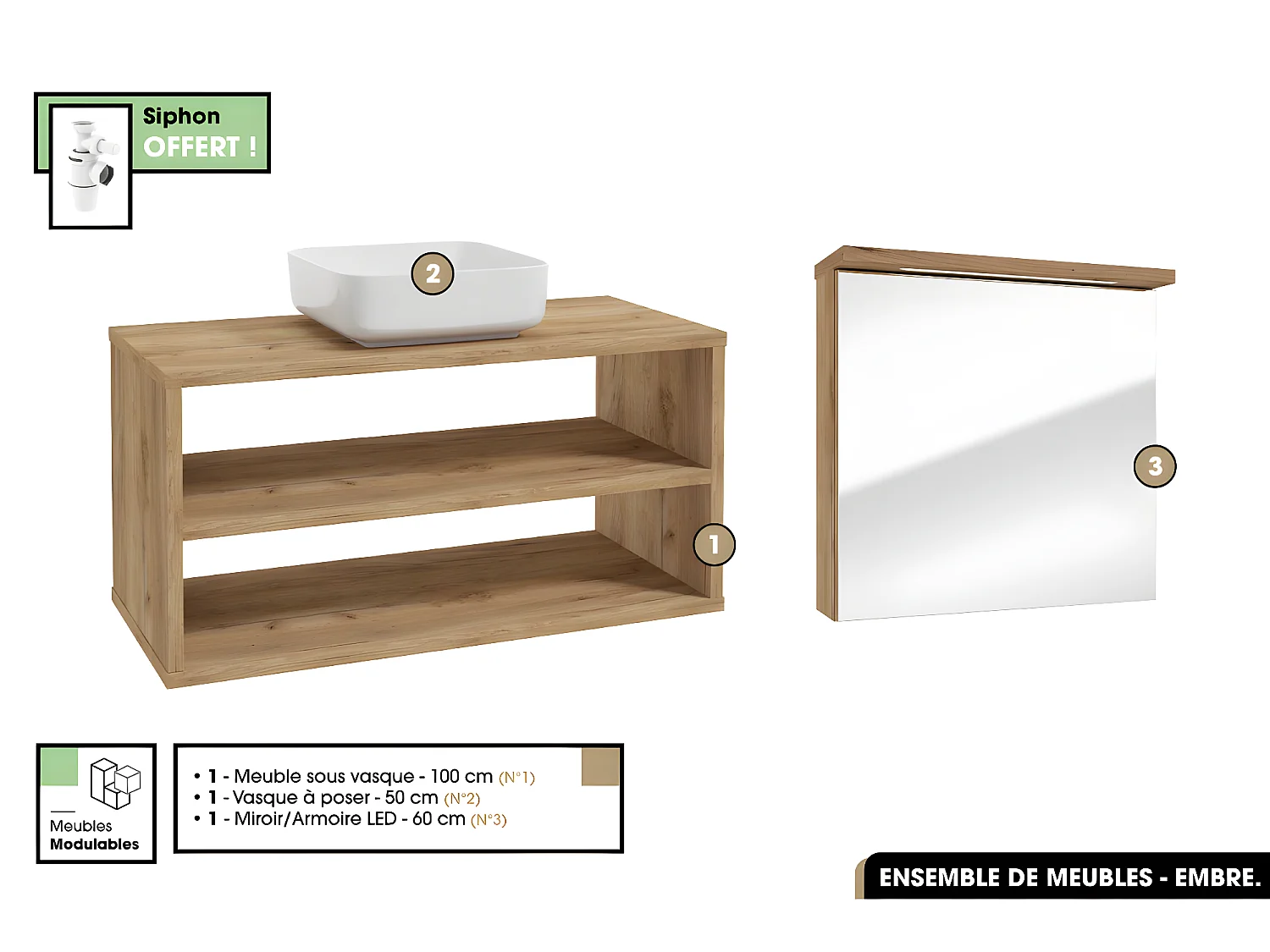 Ensemble complet - de salle de bain - Meuble - Miroir/Armoire LED - Vasque avec Siphon OFFERT | EMBRE | OAK | 100 x 50 x 45 cm