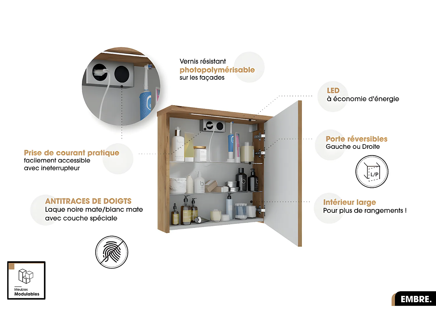 Ensemble complet - de salle de bain - Meuble - Miroir/Armoire LED - Vasque avec Siphon OFFERT | EMBRE | OAK | 100 x 50 x 45 cm