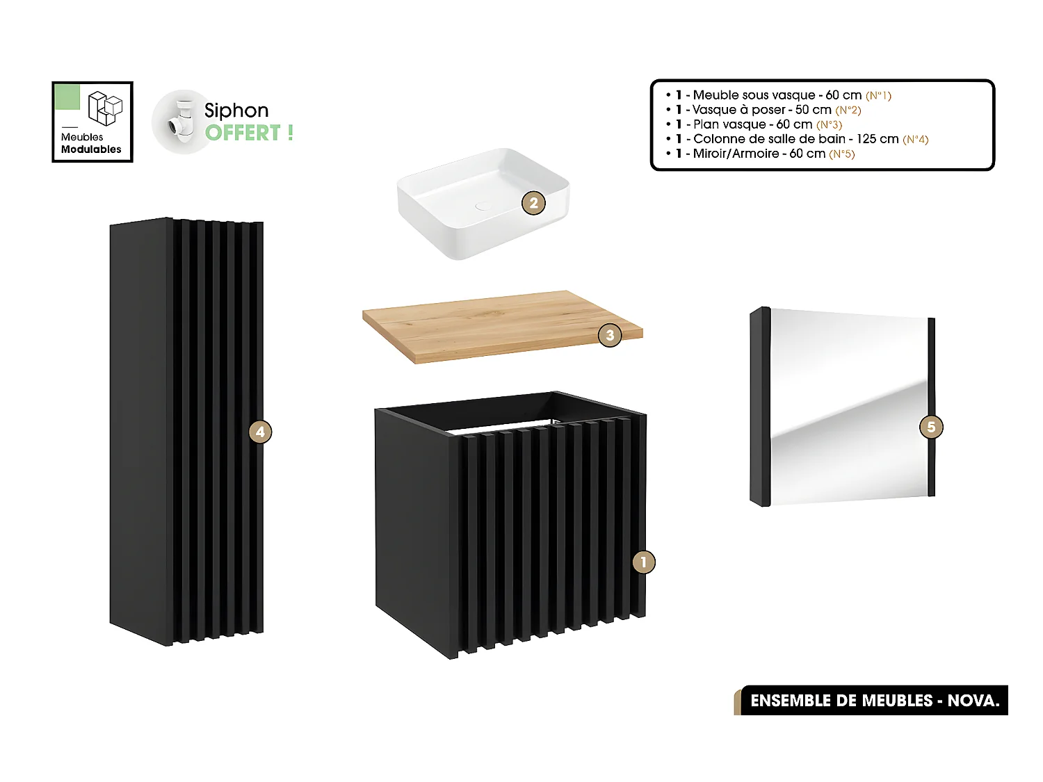 Ensemble complet de salle de bain - Meuble - Colonne - Miroir - Vasque à poser avec Siphon OFFERT | NOVA | Oak | 60 x 56 x 45 cm