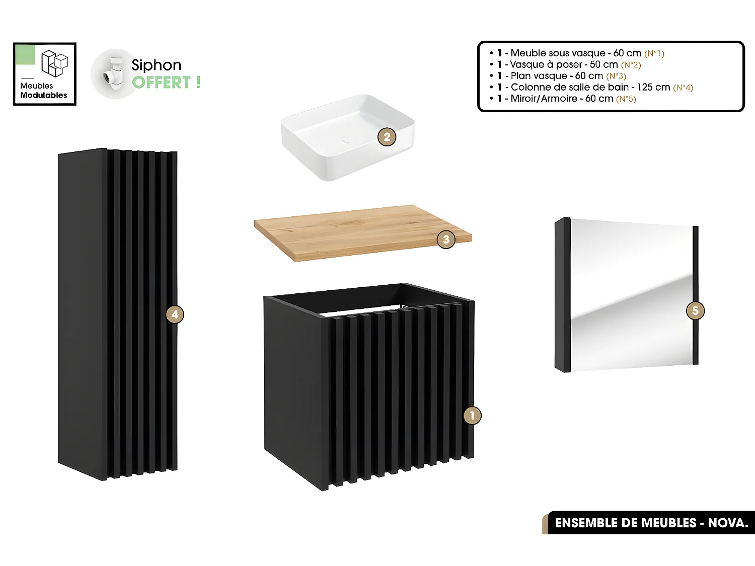 Ensemble complet de salle de bain - Meuble - Colonne - Miroir - Vasque à poser avec Siphon OFFERT | NOVA | Oak | 60 x 56 x 45 cm