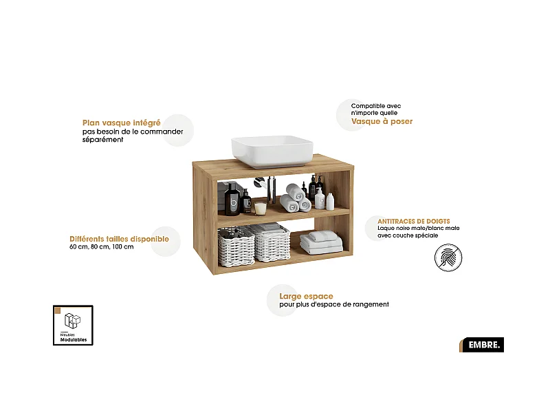 Ensemble complet - de salle de bain - Meuble - Armoire - Colonne - Vasque avec Siphon OFFERT | EMBRE | OAK | 80 x 50 x 45 cm