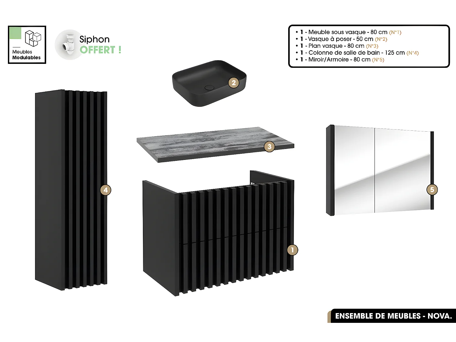 Ensemble complet de salle de bain - Meuble - Colonne - Miroir - Vasque à poser avec Siphon OFFERT | NOVA | Noir | 80 x 56 x 45 cm