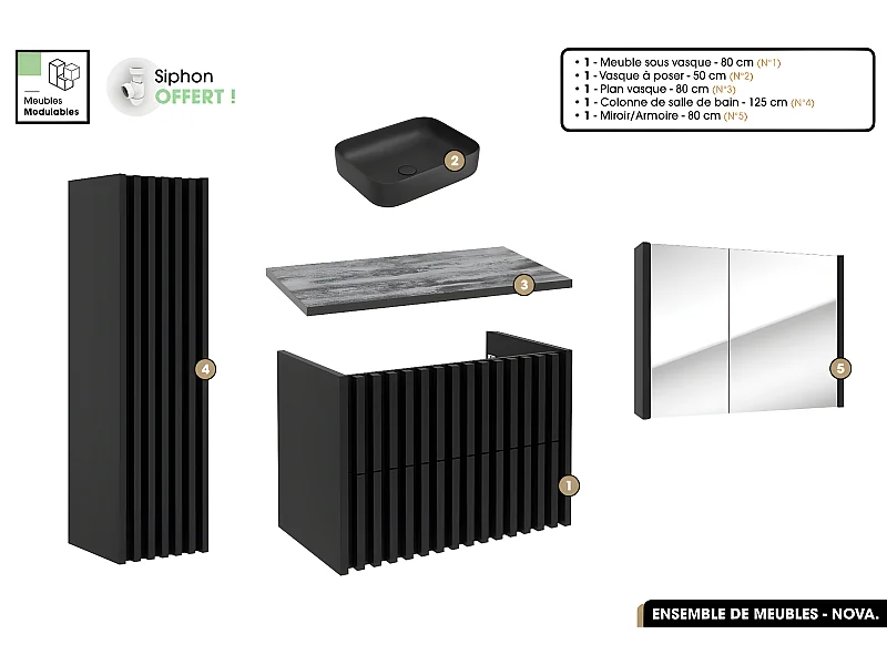 Ensemble complet de salle de bain - Meuble - Colonne - Miroir - Vasque à poser avec Siphon OFFERT | NOVA | Noir | 80 x 56 x 45 cm