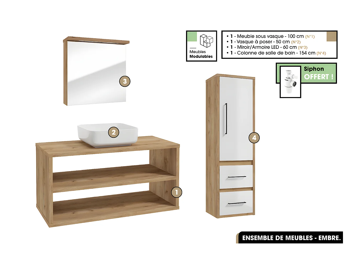 Ensemble complet - de salle de bain - Meuble - Miroir/Armoire - Colonne - Vasque avec Siphon OFFERT | EMBRE | OAK | 100 x 50 x 45 cm