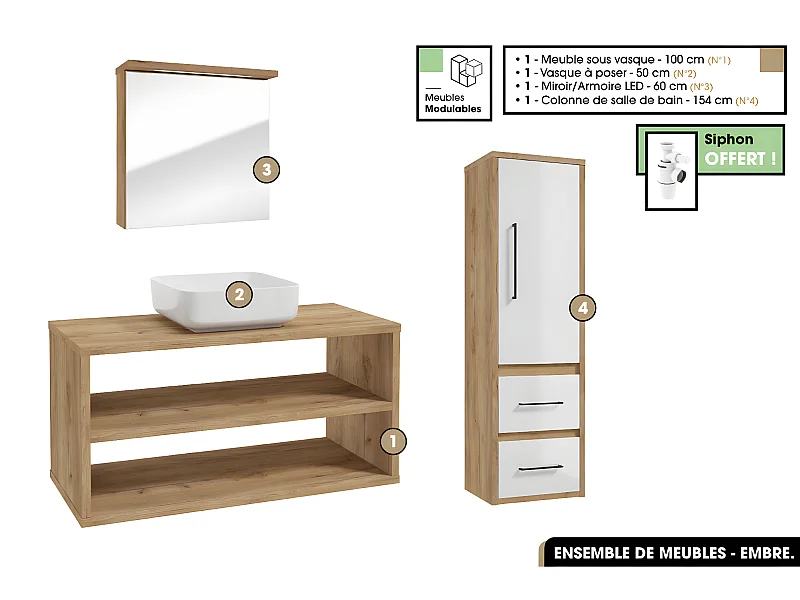 Ensemble complet - de salle de bain - Meuble - Miroir/Armoire - Colonne - Vasque avec Siphon OFFERT | EMBRE | OAK | 100 x 50 x 45 cm