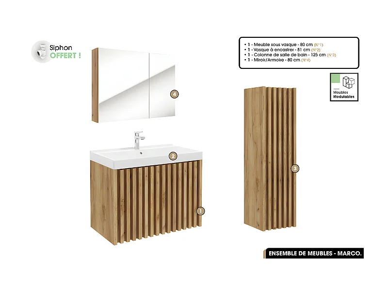 Ensemble complet de salle de bain - Meuble - Colonne - Miroir - Vasque à encastrer avec Siphon OFFERT | MARCO | Oak | 80 x 56 x 45 cm