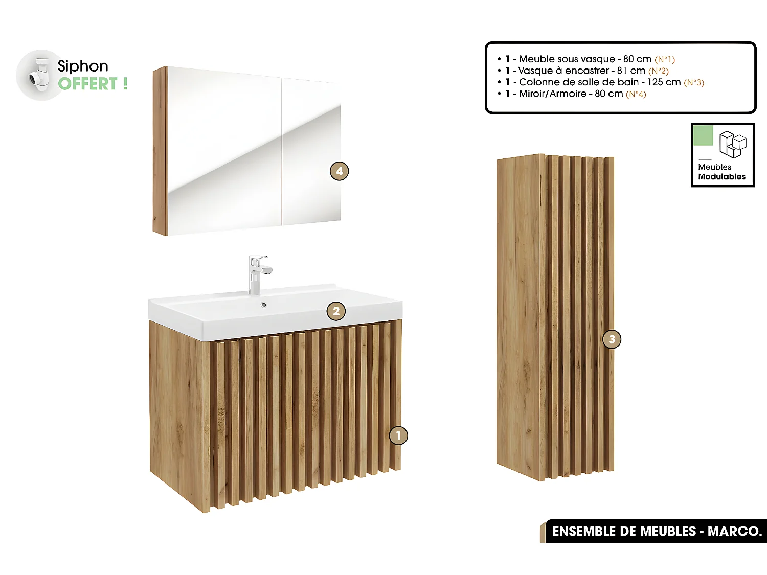 Ensemble complet de salle de bain - Meuble - Colonne - Miroir - Vasque à encastrer avec Siphon OFFERT | MARCO | Oak | 80 x 56 x 45 cm