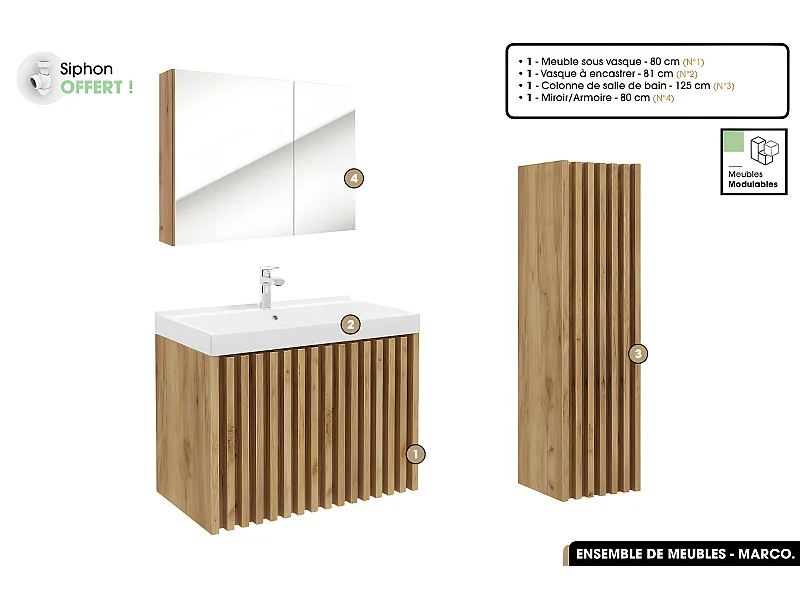 Ensemble complet de salle de bain - Meuble - Colonne - Miroir - Vasque à encastrer avec Siphon OFFERT | MARCO | Oak | 80 x 56 x 45 cm