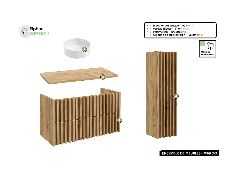 Ensemble complet de salle de bain - Meuble - Colonne - Vasque à poser avec Siphon OFFERT | MARCO | Oak | 100 x 56 x 45 cm