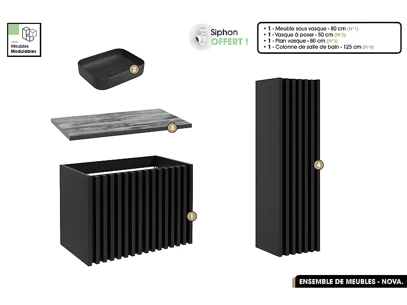 Ensemble complet de salle de bain - Meuble - Colonne - Vasque à poser avec Siphon OFFERT | NOVA | Noir | 80 x 56 x 45 cm