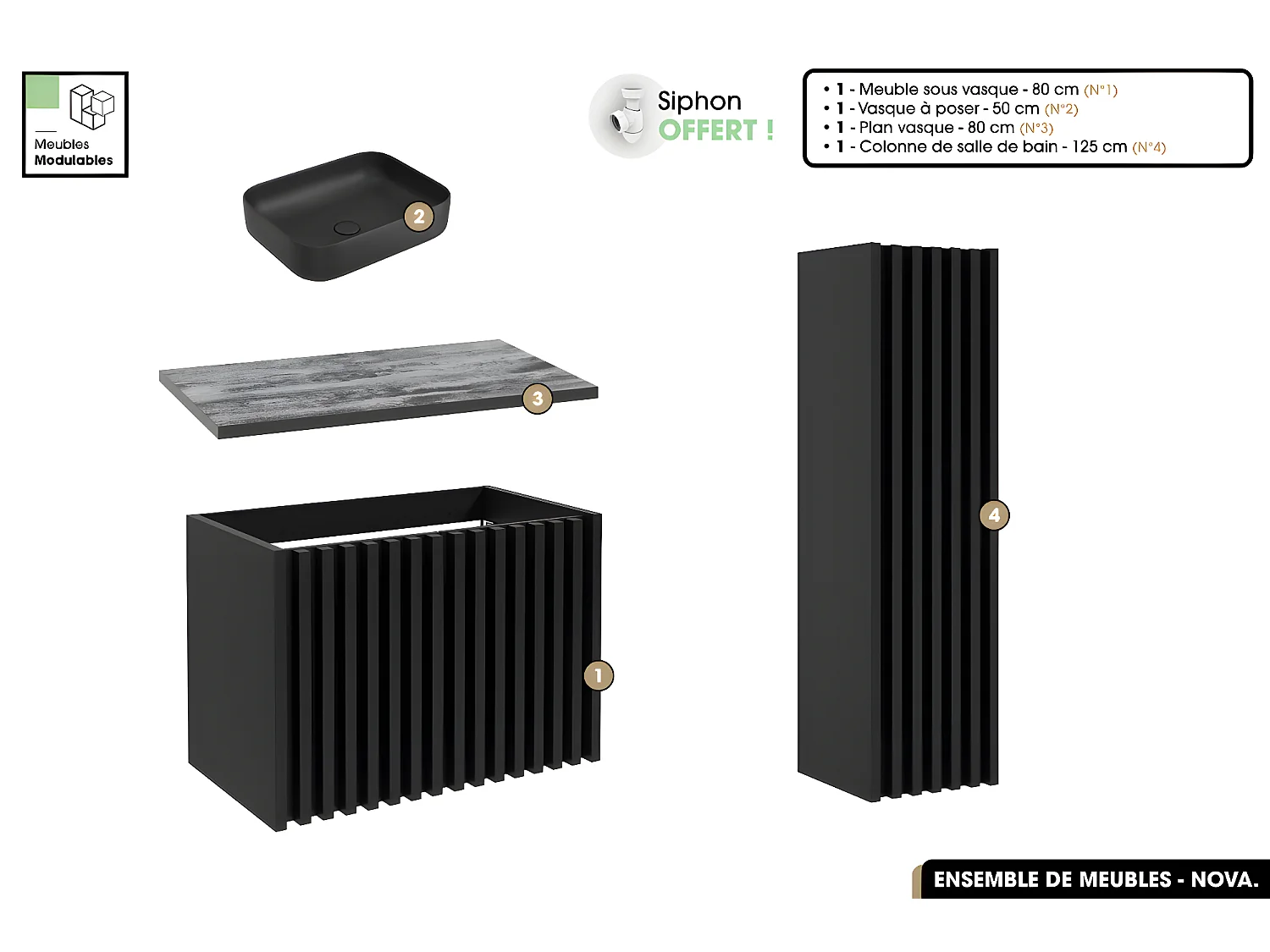Ensemble complet de salle de bain - Meuble - Colonne - Vasque à poser avec Siphon OFFERT | NOVA | Noir | 80 x 56 x 45 cm