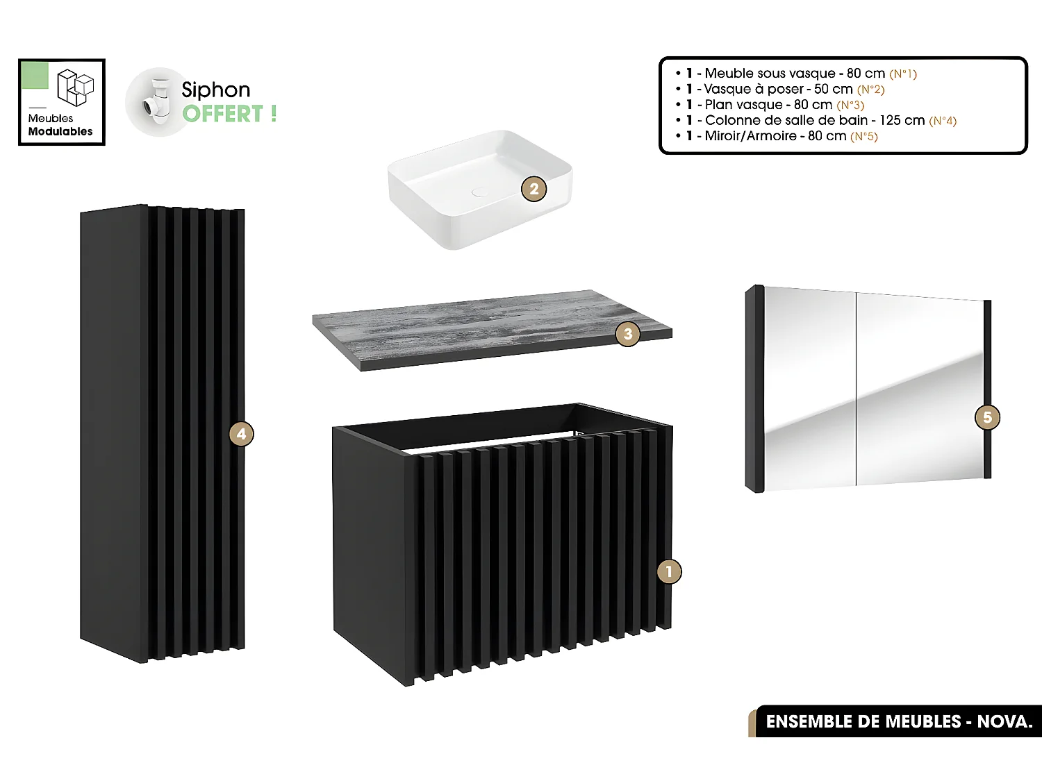 Ensemble complet de salle de bain - Meuble - Colonne - Miroir - Vasque à poser avec Siphon OFFERT | NOVA | Noir | 80 x 56 x 45 cm