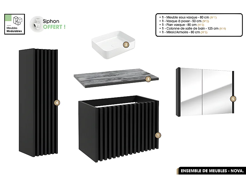 Ensemble complet de salle de bain - Meuble - Colonne - Miroir - Vasque à poser avec Siphon OFFERT | NOVA | Noir | 80 x 56 x 45 cm