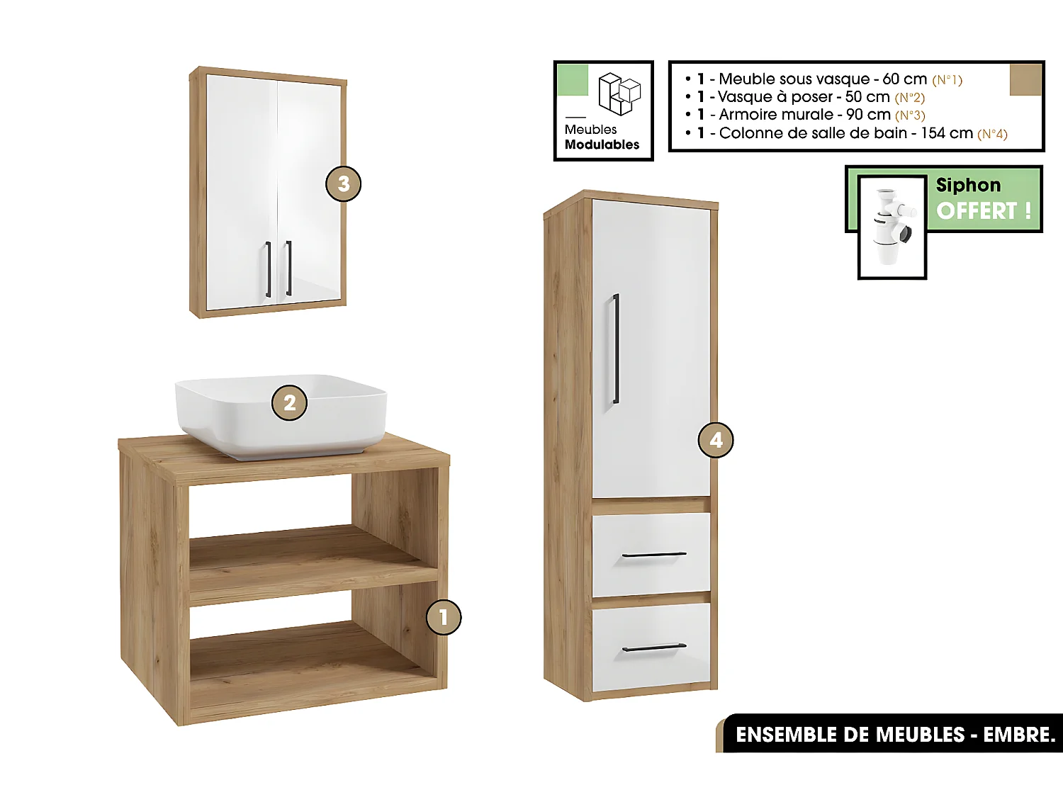 Ensemble complet - de salle de bain - Meuble - Armoire - Colonne - Vasque avec Siphon OFFERT | EMBRE | OAK | 60 x 50 x 45 cm
