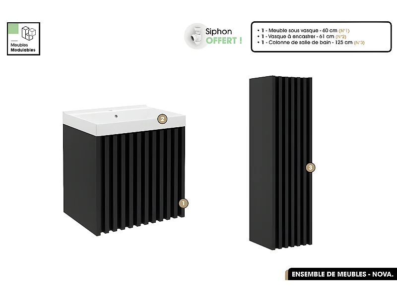 Ensemble complet de salle de bain - Meuble - Colonne - Vasque à encastrer avec Siphon OFFERT | NOVA | Noir | 60 x 56 x 45 cm