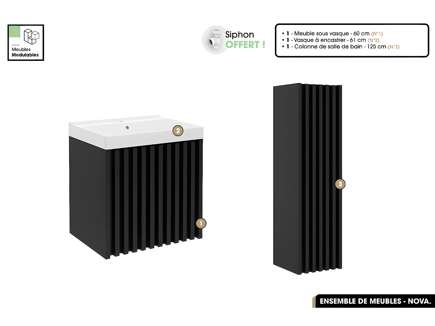Ensemble complet de salle de bain - Meuble - Colonne - Vasque à encastrer avec Siphon OFFERT | NOVA | Noir | 60 x 56 x 45 cm