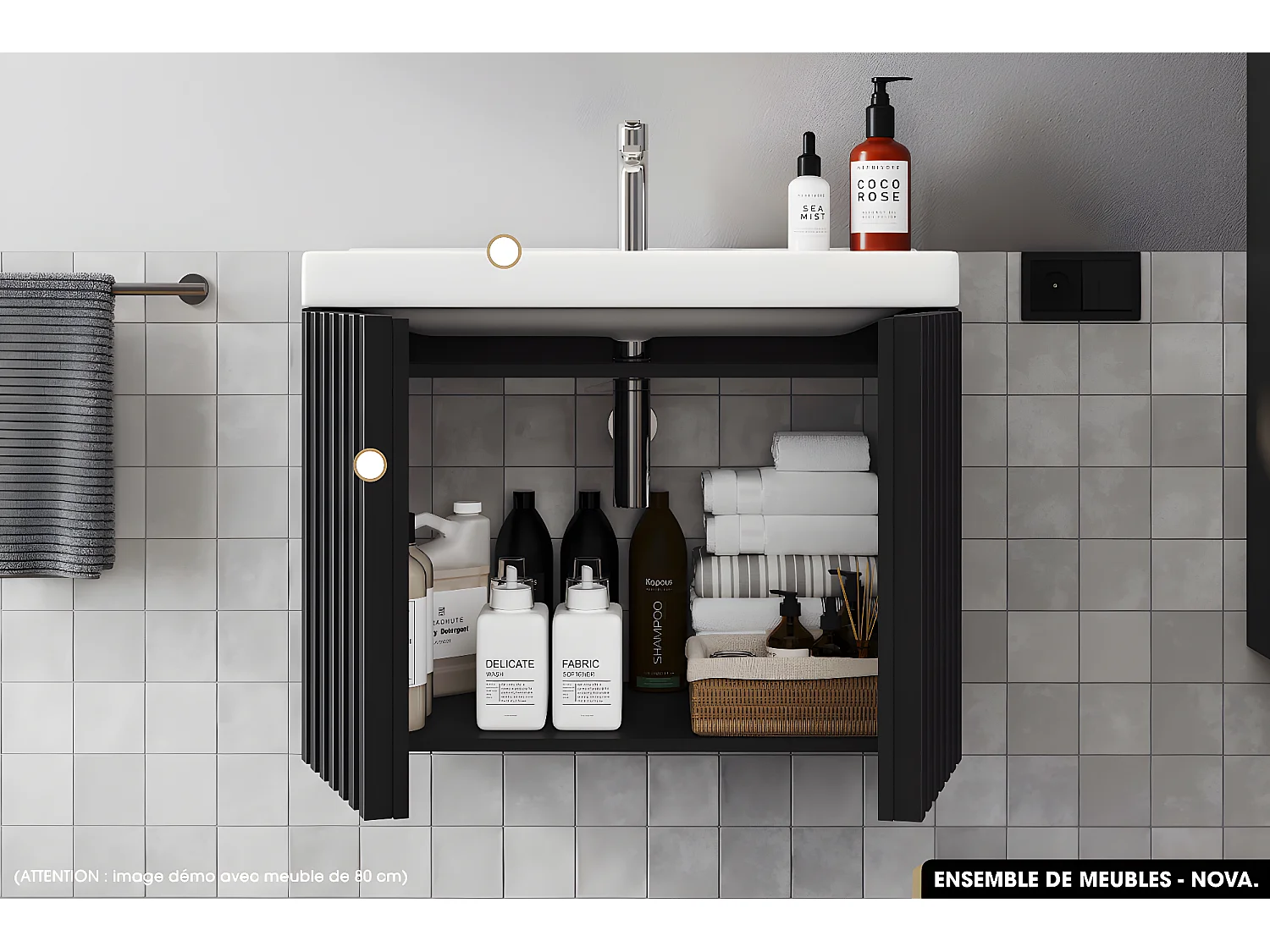 Ensemble complet de salle de bain - Meuble - Colonne - Vasque à encastrer avec Siphon OFFERT | NOVA | Noir | 60 x 56 x 45 cm