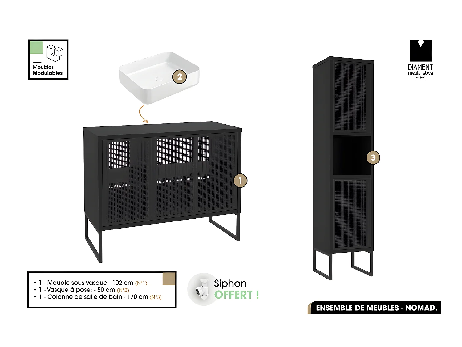 Ensemble complet de salle de bain - Meuble - Colonne - Vasque avec Siphon OFFERT | NOMAD | NOIR | 102 x 80 x 43 cm