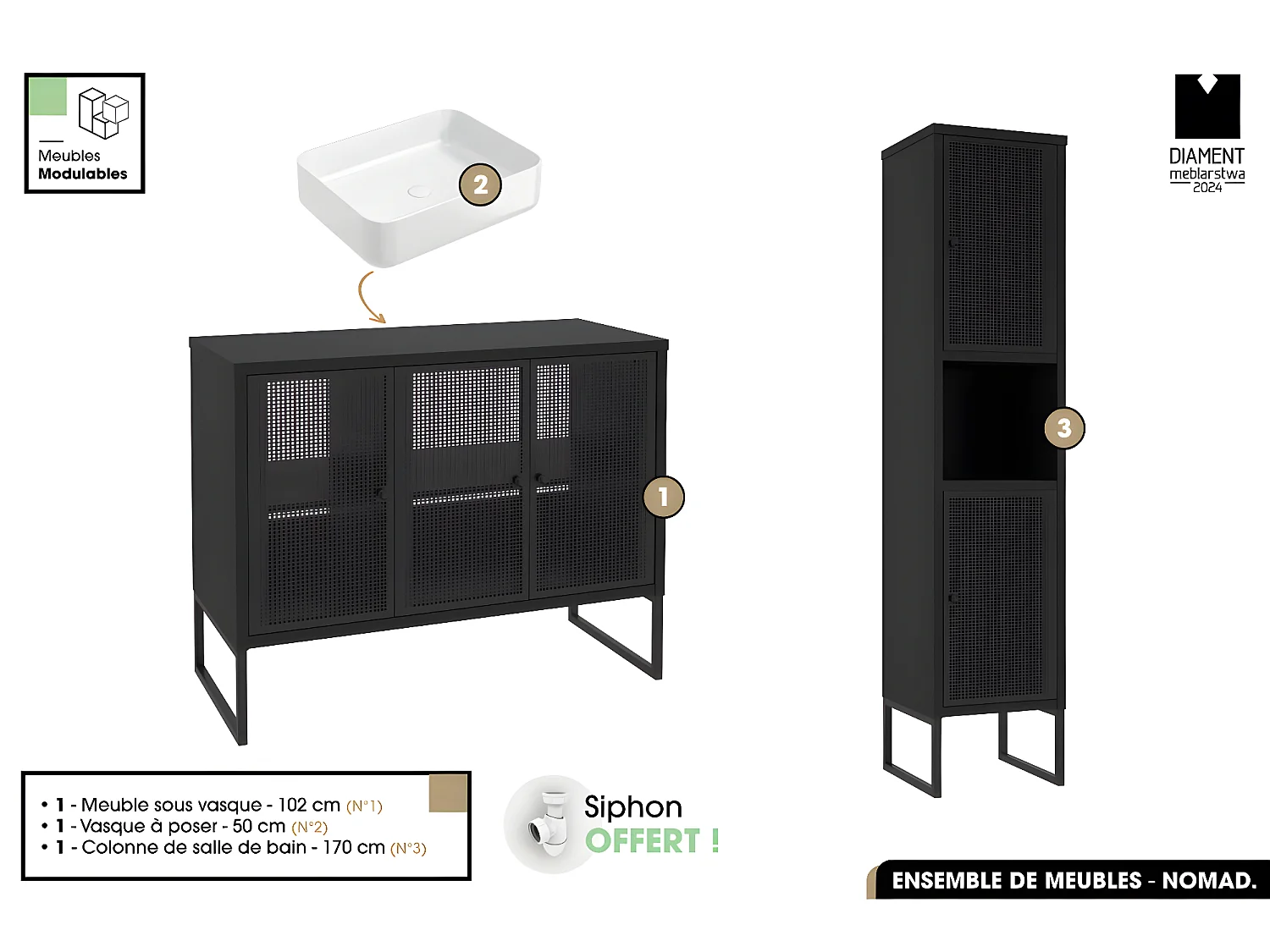 Ensemble complet de salle de bain - Meuble - Colonne - Vasque avec Siphon OFFERT | NOMAD | NOIR | 102 x 80 x 43 cm