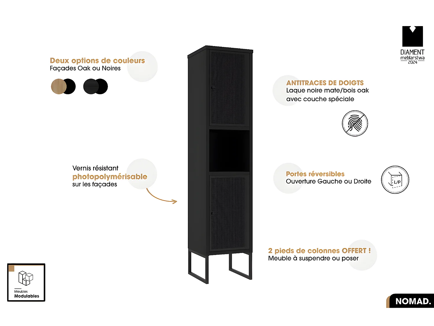 Ensemble complet de salle de bain - Meuble - Colonne - Vasque avec Siphon OFFERT | NOMAD | NOIR | 102 x 80 x 43 cm