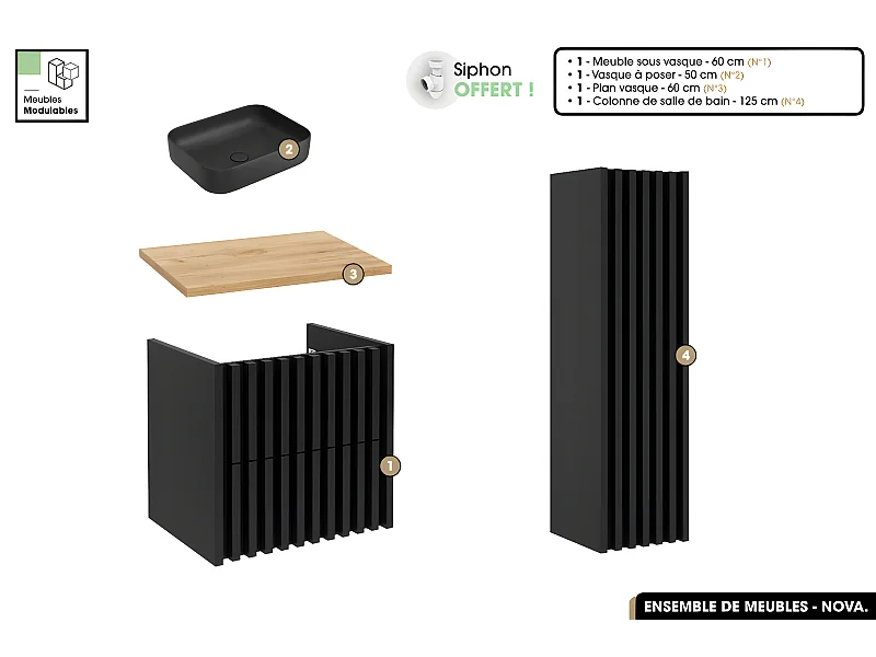 Ensemble complet de salle de bain - Meuble - Colonne - Vasque à poser avec Siphon OFFERT | NOVA | Oak | 60 x 56 x 45 cm