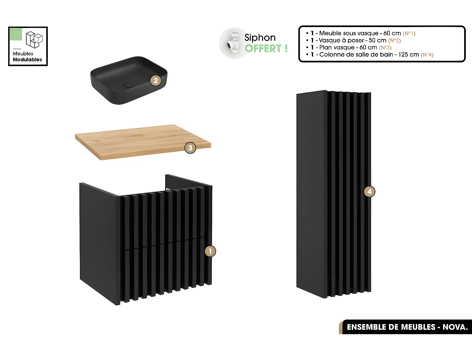 Ensemble complet de salle de bain - Meuble - Colonne - Vasque à poser avec Siphon OFFERT | NOVA | Oak | 60 x 56 x 45 cm