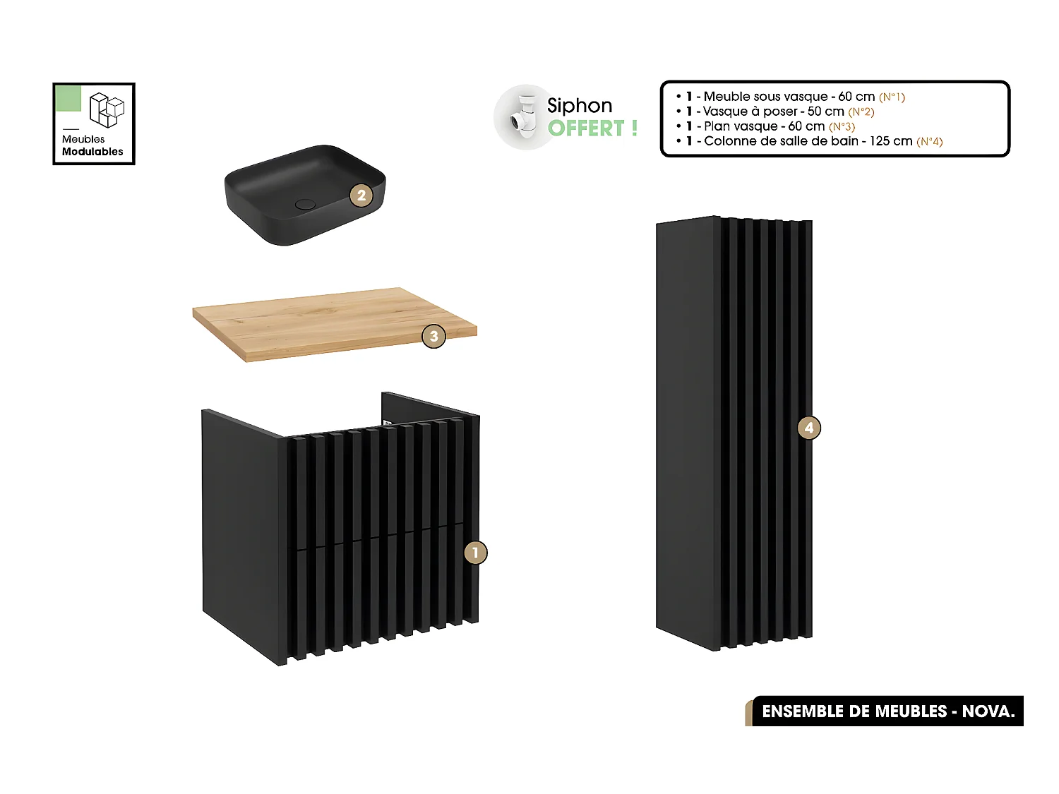 Ensemble complet de salle de bain - Meuble - Colonne - Vasque à poser avec Siphon OFFERT | NOVA | Oak | 60 x 56 x 45 cm