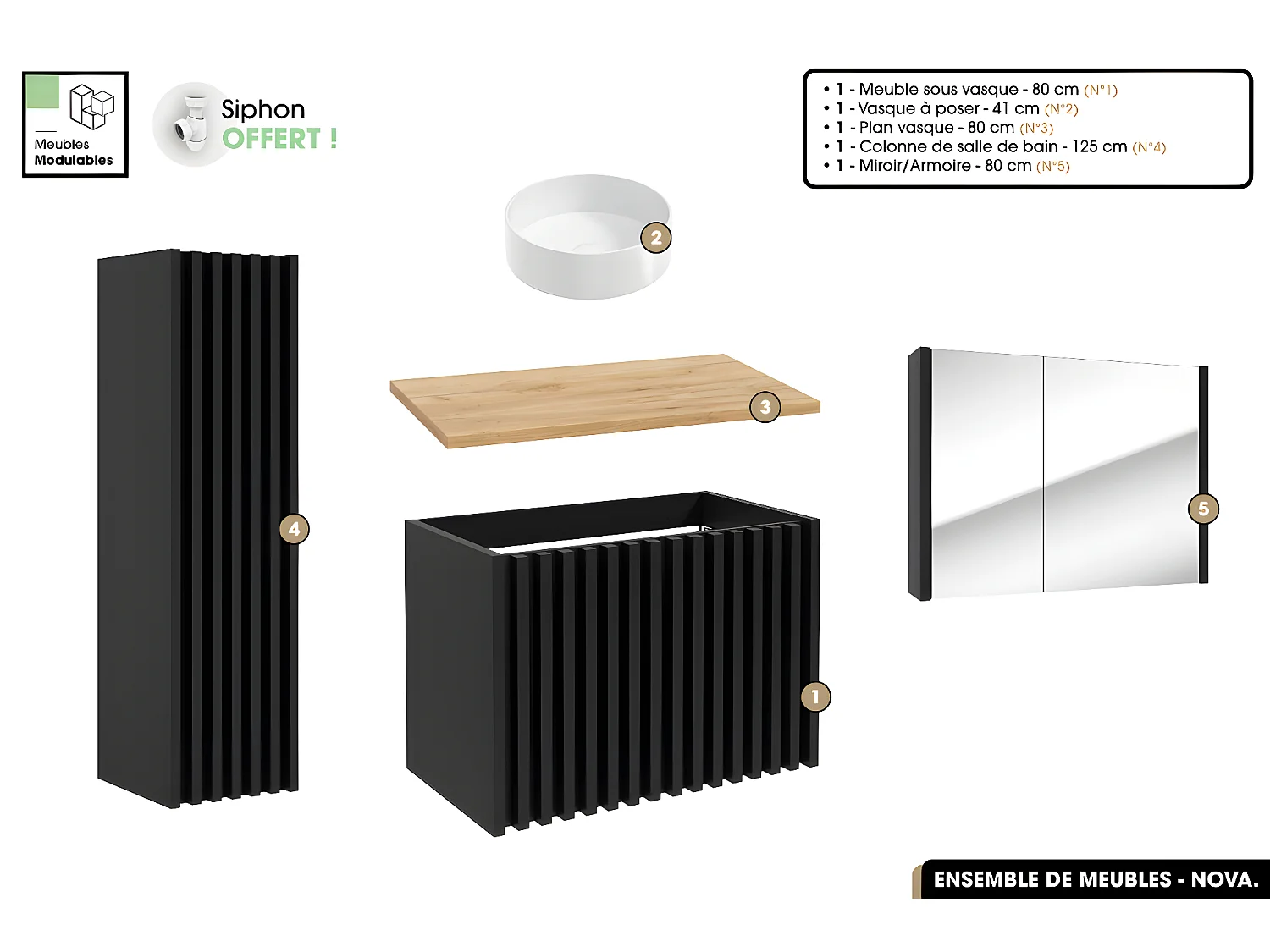 Ensemble complet de salle de bain - Meuble - Colonne - Miroir - Vasque à poser avec Siphon OFFERT | NOVA | Oak | 80 x 56 x 45 cm