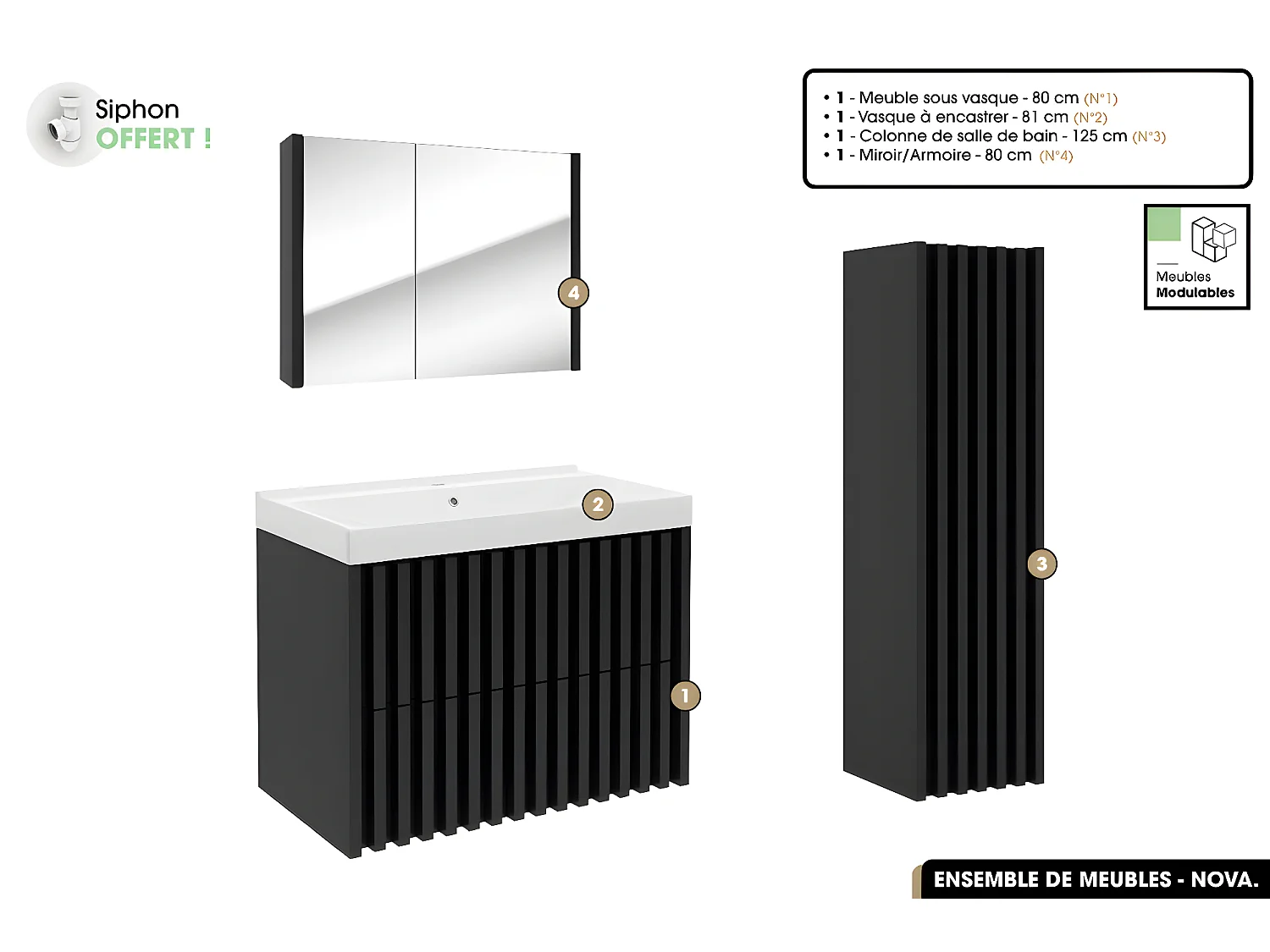 Ensemble complet de salle de bain - Meuble - Colonne - Miroir - Vasque à encastrer avec Siphon OFFERT | NOVA | Noir | 80 x 56 x 45 cm