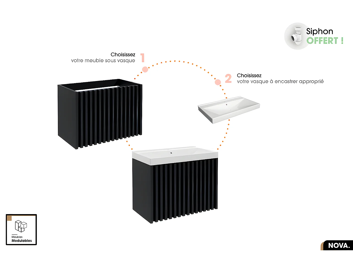 Ensemble complet de salle de bain - Meuble - Colonne - Miroir - Vasque à encastrer avec Siphon OFFERT | NOVA | Noir | 80 x 56 x 45 cm
